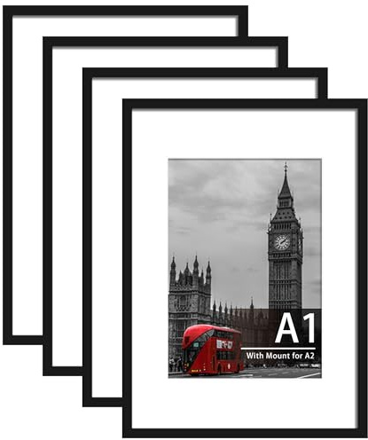 Tinkeps Lot de 4 cadres photo A1, noirs, en bois d'ingénierie et plexiglas, avec passe-partout pour impressions A2, photos et affiches, montage mural, A1 (59,4 x 84,1 cm)