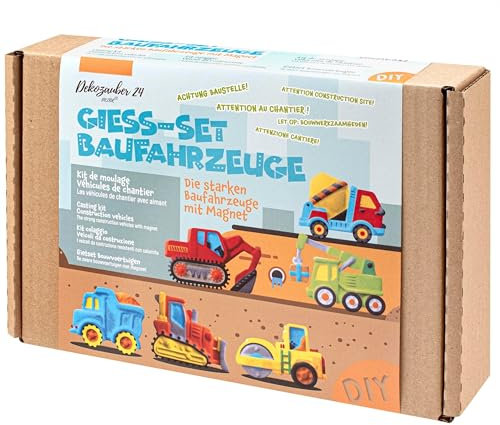 Dekozauber24 Baustellenfahrzeuge selber gießen und anmalen - Jungs Bastelset Baustelle zum Gips giessen mit 6 Figuren für Kinder von 4 bis 8 Jahren - Geschenk Gießset zum Basteln mit Magneten