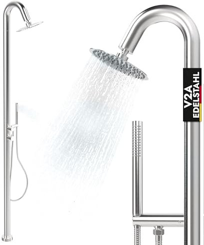 Douche de Jardin d'extérieur en Acier Inoxydable V2A/304 2 Ports Eau Chaude Eau Froide avec douchette 20 cm en Acier Inoxydable Douche de Pluie Douche Piscine Douche hammam