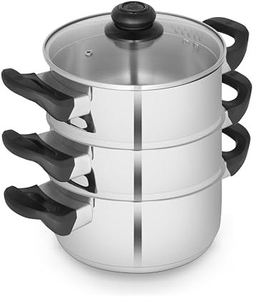 Swan SWPS5026SS Townhouse 18cm 3 Tier Stainless Steel Steamer with Glass Lid, Suitable for All Hob Types (including induction), Dishwasher Safe, Stainless Steel