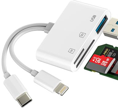 Lector Tarjetas USB C Lightning a SD(3en2)USB OTG Cable 3.0 Adaptador Micro SD TF Card Reader para iPhone 16 15 14 13 Pro Max Tipo C Adapter para Apple para iPad Compatible Con Samsung Android Cámara
