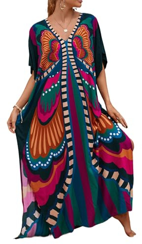 Chunoy Women Butterfly V Neck Kaftan Casual Bathing Suit Kimono Sleeve Side Split Beach Cover Up Caftan Dress