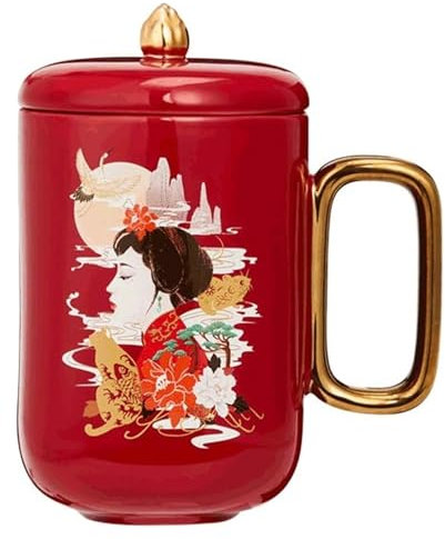 Mug Classic Chinese Style Mug Set with Lid,Coffee Mug Couple Mug 12.7OZ,Creative Drink Mug for Coffee Milk Tea Juice Etc with Handles(Red)