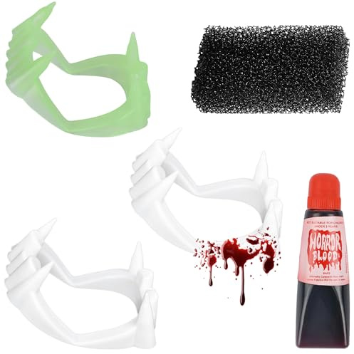 Vampirzähne Kinder Set,1 Vampirgebiss Leuchtend + 2 Vampir Gebiss + Kunstblut + Schwamm,Stabil & Unbedenklich - Vampir Zähne Kinder für Halloween Kostüm Vampire Accessoires Werwolf Dracula Fangs