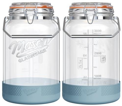 Dwbligt 2 pcs 1 Gallon Glass Jar with Airtight Lid & Stainless Steel Handle | 2 Packs Wide Mouth Mason Jars, Clip Top, Silicone Base, Glass Storage Containers for Kitchen Storage, Pickling-Dual Scale