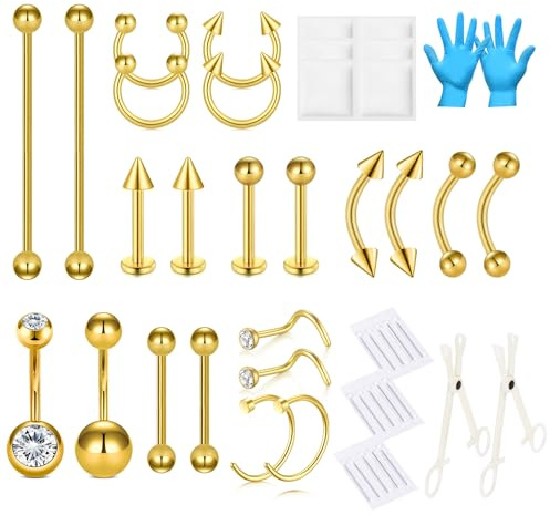 AVYRING 46 st piercingkit för näsa septum magknapp ögonbryn läpp tunga öra brosk tragus helix piercing med smycken, 13 G 15 G 18 G rostfritt stål piercingverktyg och tillbehör