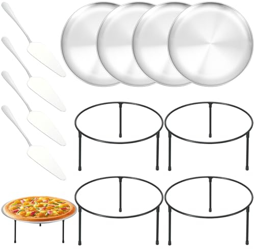 12-teiliges Pizzablech-Ständer-Set enthält 4 runde Pizzablech-Gestell-Halter, 4 30,5 cm große Pizzableche und 4 Tortenheber mit Holzgriff, Pizzaregal, Pizzablech für Zuhause und Party