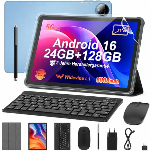 Tablet 11 Zoll mit Tastatur: Android 16 8000mAh T615 Octa-Core 24GB+128GB Tablet PC - WiFi 6 BT 5.2 1280*800 HD+IPS 13MP+5MP Kamera mit Maus, Usb C, Adapter, Hülle, OTG-Adapter, Stift, Schutzfolie