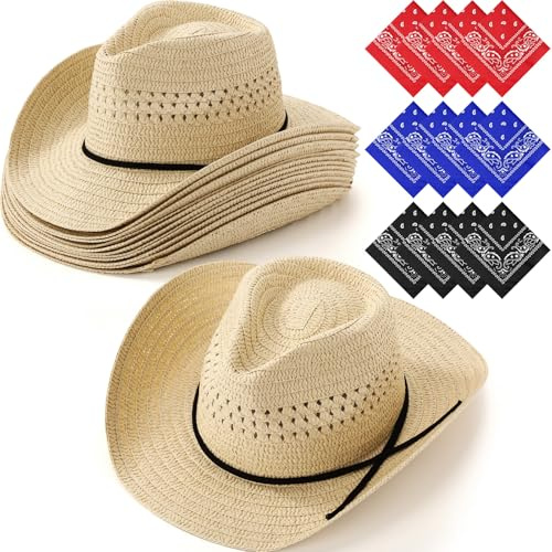 SATINIOR 12 Set Straw Cowboy Hats & Bandanas - Cowboy Party Hat Costume with Head Bandana (Beige,Retro Style)