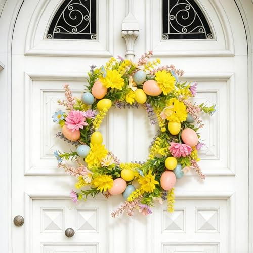 40cm Easter Door Wreath with Artificial Eggs & Flowers – Spring Wreath for Front Door, Window, Wall or Kitchen – Indoor/Outdoor Home Decoration