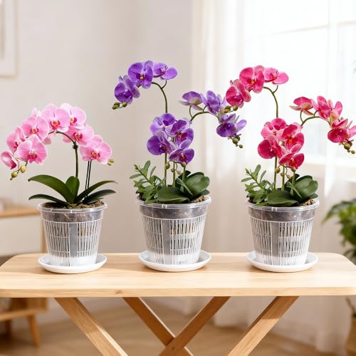 KBIBCK 8 Pack Clear Plastic Plant Pots with Drainage Holes and Saucers, Orchid Pots with Holes, 11cm/14cm/16cm/19cm Clear Orchid Pots, Nursery Pots for Orchid Repotting, Seedling Growth,Indoor,Outdoor
