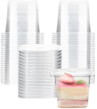 ICEBLUEOR 50 Pack Reusable Plastic Dessert Cups with Lid, 380 ml/13 oz Clear Square Parfait Containers Cheesecake Pots for Fruit Salad, Tiramisu, Cake, Takeaway Food for Party Wedding, Leak-Proof