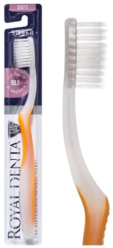 Royal Denta Soft Toothbrush for Adults, Dual Length Soft Bristles for Sensitive Teeth & Gums, Silver Infused Manual Toothbrush for Whitening, Flossing and Braces, Ergonomic Grip Handle (Yellow)
