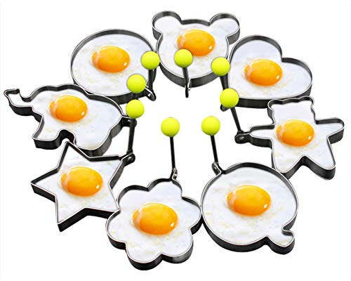 Slomg 8pcs Set Fried Egg Rings Molds Non Stick for Griddle Pan, Egg Shaper Pancake Maker with Handle, Stainless Steel Egg Form for Frying Cooking