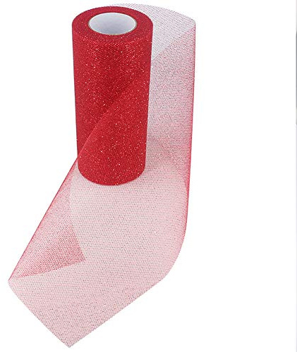 Sparkling Glitter Tulle Fabric Ribbon Roll Sparkle Mesh Ribbon 6 Inch Width 25 Yard Length for Tutu Skirt Wedding Decoration Table Runner (red)