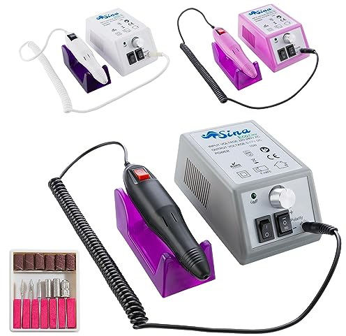Sina Elektrische Nagelfeile | inkl. 6 tlg. Bit-und Mandrel-Set | 6 Schleifhülsen | 20.000 Umdrehungen/Minute | geeignet für Gel, Acryl oder natürliche Nägel | stufenloser Vor- und Rücklauf | Grau