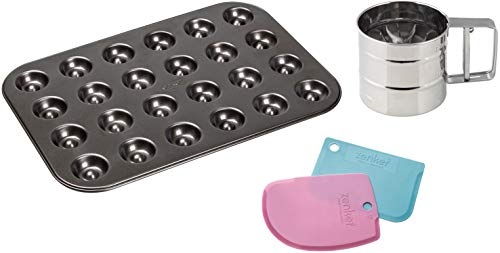 Zenker Husarenkrapfen-Set, 24er-Engelsaugen-Backblech mit Antihaftbeschichtung, Teigschaber zum Bestreichen, Puderzuckersieb zum Bestreuen, Husarenkrapferl selbst backen, Menge: 1 x 3er Set