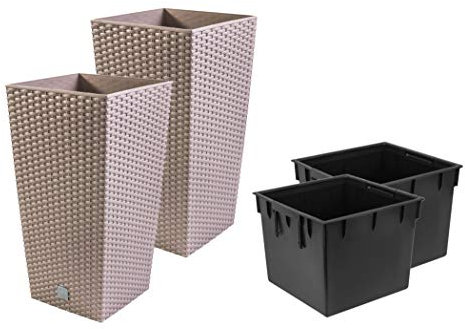 Stolmet Tall Square Planter Set of 2 Rattan Indoor/Outdoor Flower Pot + Insert in Set (26.6L, Mocca)