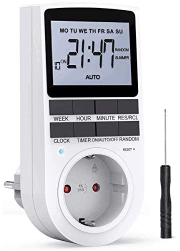 Programmateur Prise Électrique et Digitale, Minuterie Prise Numérique à 10 Programmes Journaliers Hebdomadaires avec Mode Aléatoire Anti-vol et LCD Écran, Minuteur Prise Électrique 12H/24H/7Jours