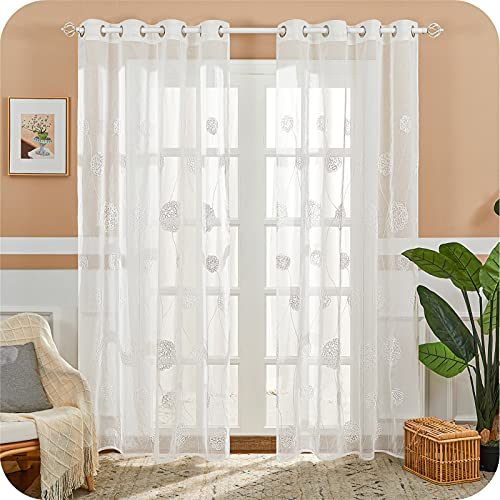 MRTREES Voile Vorhänge halbtransparent Vorhang kurz im Blumen Stickerei Modernen Wohnstil Sheer Gardinen Weiß 245×140cm (H × B) für Wohnzimmer Schlafzimmer Kinderzimmer 2er- Set