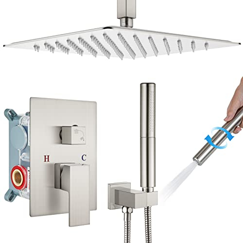 Deckenmontage Duscharmatur Set 30,5 cm quadratischer Duschkopf Badezimmer Regendusche System gebürstetes Nickel SUS304 Edelstahl Duschverkleidung Kit 2 in 1 zylindrische Handbrause mit rauem Ventil