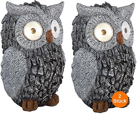bmf-versand® Solarlampen für Außen Deko mit LED 2er Set - Gartendeko Solar Modern Stein Optik - Solarleuchten Garten Figuren Eule - Außenlampe Stehend Grau - Höhe 19 cm