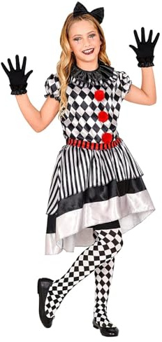 W WIDMANN MILANO Party Fashion - Clown Kostüm Kinder 3-teilig | Kleid mit Clownkragen, Haarschleife und Handschuhen im Harlekin Look für Karneval und Mottoparty