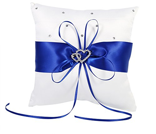 Tyenaza Ringkissen Hochzeit, 20cm × 20cm Blau Seidenband Ringkissen Hochzeit Romantisches Kissen mit Bowknot Doppelten Herzen Dekoration Braut Hochzeits Ringkissen Deko Vintage