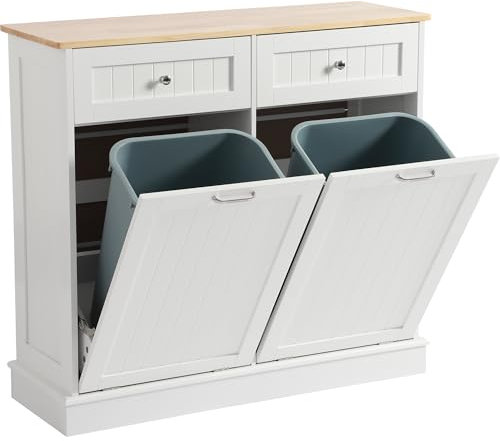 LOUVIXA Tilt Out Trash Bin Cabinet Dog Proof Trash Can Holder with Two Solid Wood Hideaway Trash Holder Drawers, Free Standing Recycling Cabinet