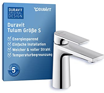 Duravit Tulum Waschtischarmatur, Größe S (Auslauf Höhe 97 mm), Wasserhahn Bad, Waschbecken Armatur mit FreshStart-Funktion, Chrom