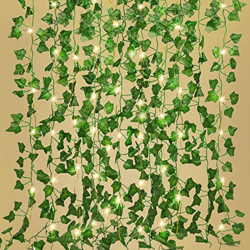 RECUTMS Fake Vines 12 Pack 86 FT Artificial Ivy with 100 LED String Light Leaves Wall Leaf Plants Greenery Garland Hanging Plant Vine for Room Garden Office Wedding Decor