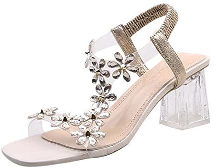 Heeled Sandals for Women Wide Width Plus Size Heels Clear Block Heels Platform Sandals Chunky Heel Rose Gold Heels(621MA268 Beige,Size 7)