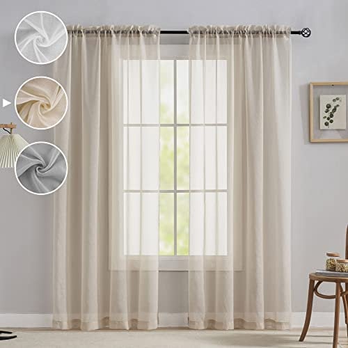 Home Brilliant Slot Top Line Look Net Curtains for Window Elegant Solid Natural Light Weight Voile Curtains for Girls Boys Bedroom Living Room, 54 x 72 Inch, 183cm Drop, Linen