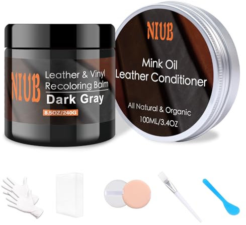NIUB Lederreparaturset, 240g Dunkelgrau mit Schutzöl Kunstleder Reparatur Set, Leder Kratzer Entferner, Leder Rückfärbebalsam für Sofas, Lederschuhe, Ledercouch Farbe, Schnell trocknender Lederbalsam