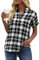 GeGekoko Chemisier à carreaux pour femme - Manches courtes - Décontracté - Col en V - Boutonné - Tunique d'été - T-shirt, Noir , S