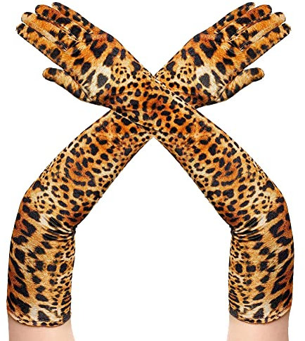 JIHUOO Samt Leopard Handschuhe Ellenbogen Länge 55 cm Frauen Cosplay-Enthusiasten Theaterfreunde Fotografie-Interessierte Partygänger Handschuhe 6 3/4 Leopardenmuster
