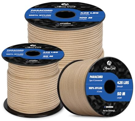 Abma Cord Paracord 3mm 50M 100% Nylon Seil Paracord 425 Typ II Schnur mit 3 Kern für Basteln, Camping, Survival - Max. 192kg (425lbs) - Khaki