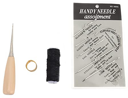 Cyrank Leder-Nähset, Leder-Nadel-Set, Gewachster Faden, Ahle, Fingerhut-Set Zum Nähen, Heimwerken, Nähen, Reparieren