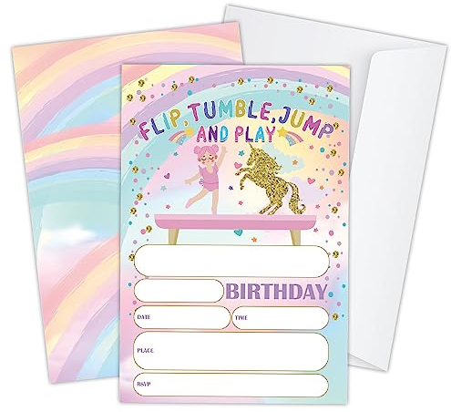 JY581 Einladungskarten für Kindergeburtstag, zum Turnen, zum Springen und Spielen, Geburtstagseinladungen für Jungen, Mädchen, Teenager, 20 Einladungen mit Umschlägen