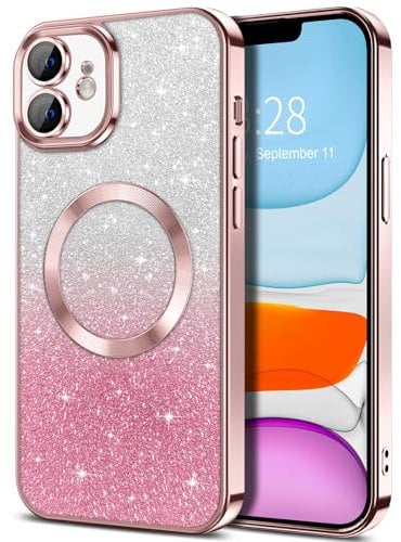 Hython for iPhone 11 Case Clear Magnetic Glitter Phone Cases [Compatible with MagSafe] Full Camera Lens Protector Slim Gradient Sparkle Luxury Plating Shockproof Protective Cover Women Girls, Pink