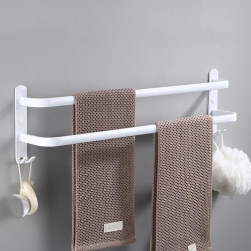 nvdsivee Handtuchhalter Ohne Bohren Weiß Handtuchstange Wand zum Kleben für Bad Küche Badetuchhalter Aluminium mit 2 Haken Handtuchablage Weiß 2 Schichten 60cm
