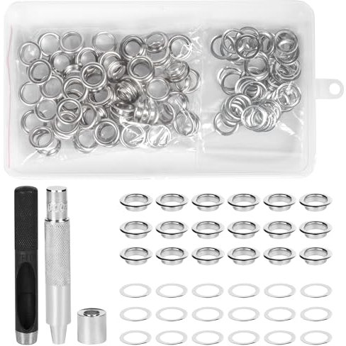 Grommet Kit, 100 Sets 10MM/0.4In Eyelet Punch Kit, Fabric Hole Punch, Metal Grommet Tool Kit with 3 Tool for Fabric Leather Shoes Bag Canvas Belt DIY Crafts