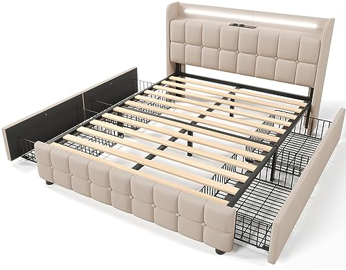 Polsterbett mit Lade- und LED-Funktion und Vier Schubladen, Leinen, Beige, 140x200 cm, Doppelbett mit verstellbarem Kopfteil und Lattenrost