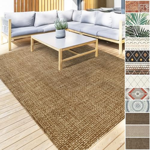 Floordirekt Tappeto per esterni, resistente alle intemperie e ai raggi UV, per terrazza, balcone, cucina, corridoio e soggiorno, robusto tappeto a pelo corto, lavabile, 80 x 150 cm, marrone Ella