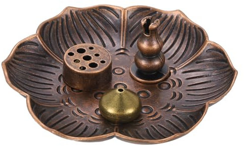 sourcing map Lot de 4 porte-encens en forme de fleur, porte-encens en forme de lotus à trous multiples, en forme de cône et récupérateur de cendres en forme de gourde pour yoga, méditation en cuivre