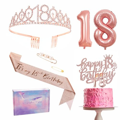Rose Gold 18th Birthday Decorations for Girl 18th Birthday Sash and Tiara Set, 18th Birthday Party Sash Crown Birthday Cake Topper Number 18 Foil Balloons Candles, 18th Birthday Gifts for Girl Her