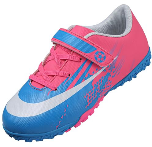 VLOOKST Football Boots Boys Astro Turf Trainers Kids Non-Slip Junior Football Shoes Sports Shoes Outdoor Athletic Sneakers Girls Soccer Shoes Unisex Pink Blue 5UK