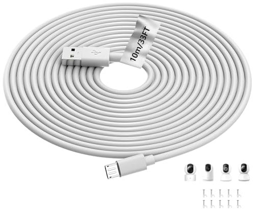 10m/33FT Micro USB Cable for WyzeCam, ACAGET USB A to Micro USB Power Cable for Ring Indoor Camera (2nd Gen) Extension Cord for XIAOMI Mi 360° Camera/YI/Cloud/Nest/Furbo Dog Cam,10 Pcs Cable Clip
