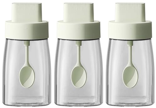 LOYUYU Kitchen Sodium Calcium Glass Spice Jars Seasonning Box Set of 3, Condiment Pots Spice Jars, Combination Retractable Spoon and Lid Design, Airtight Cap 230ml Green