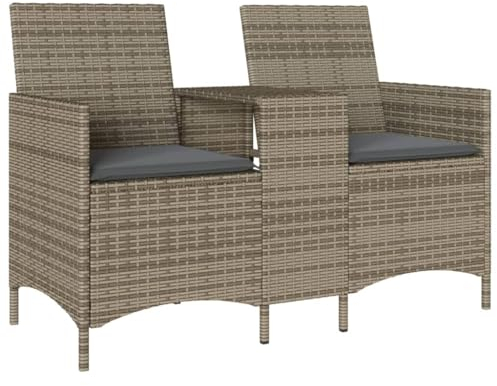 vidaXL Gartensofa 2-Sitzer, Gartenbank mit Tisch Kissen, Sitzbank für Garten Terrasse Balkon, Gartenmöbel Gartensessel, Grau Poly Rattan